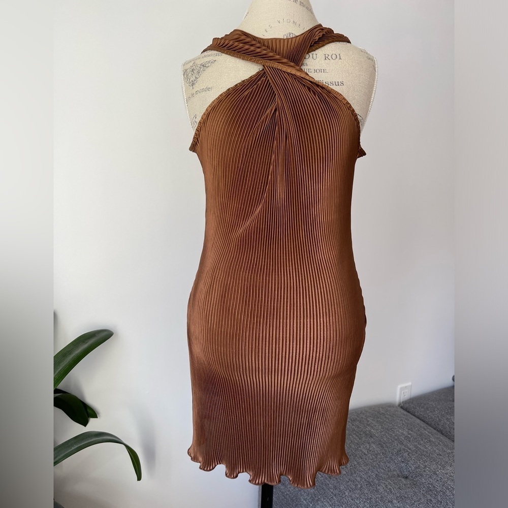 Brown crossed front pleated mini dress